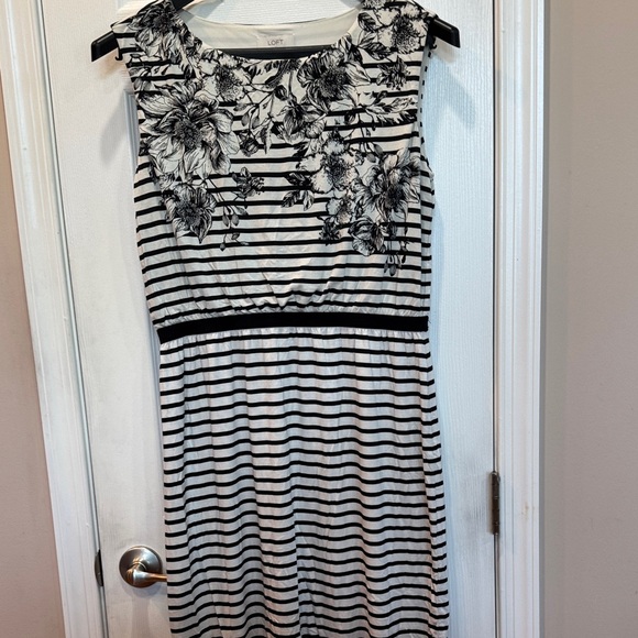 LOFT Black and White Striped Floral Midi Dress - Picture 1 of 4